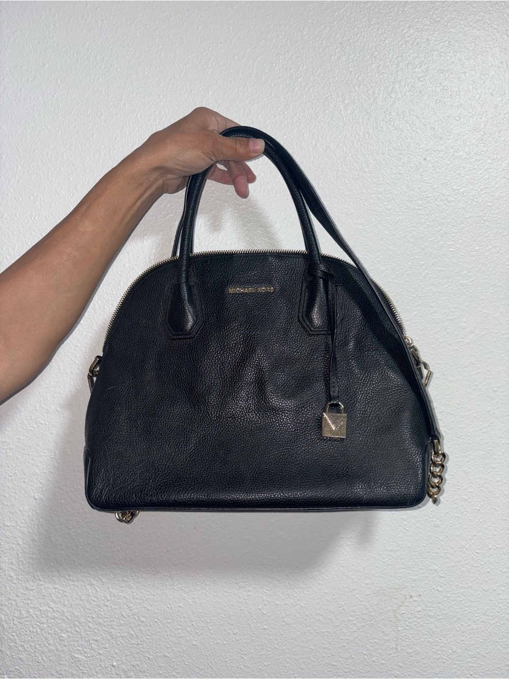 Michael Kors Black Pebbled Leather Dome Satchel Crossbody Bag